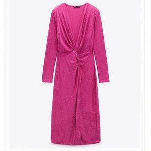 ZARA PINK SHOULDER PAD JAQUARD MIDI DRESS